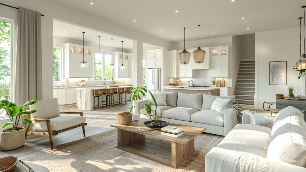 beautiful living room interior in new luxury home with open concept floor plan. shows kitchen, dining room, and wall of windows with amazing exterior view